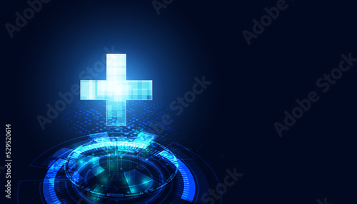 Abstract health science consist health plus digital technology concept  modern medical on hi tech future blue background.