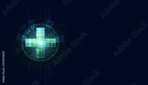 Abstract health science consist health plus digital technology concept  modern medical on hi tech future blue background.