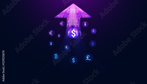 Abstract Money Transfer Online Currency On Background Modern Blue Concept Arrow Global Money Movement Currency Exchange Dollar Euro Yen