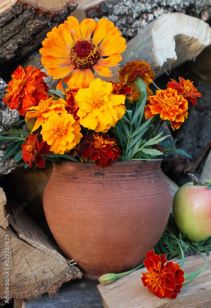 Autumn bouquet of yellow, orange and brown flowers of black-brown, marigold on the background of a wooden door, wooden background Autumn bouquet of yellow, orange and brown flowers of black-brown, marigold on the background of a wooden door, wooden background