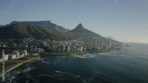 Aerial view of Cape Town, South Africa, on a bright and sunny day filmed in 4k with a drone