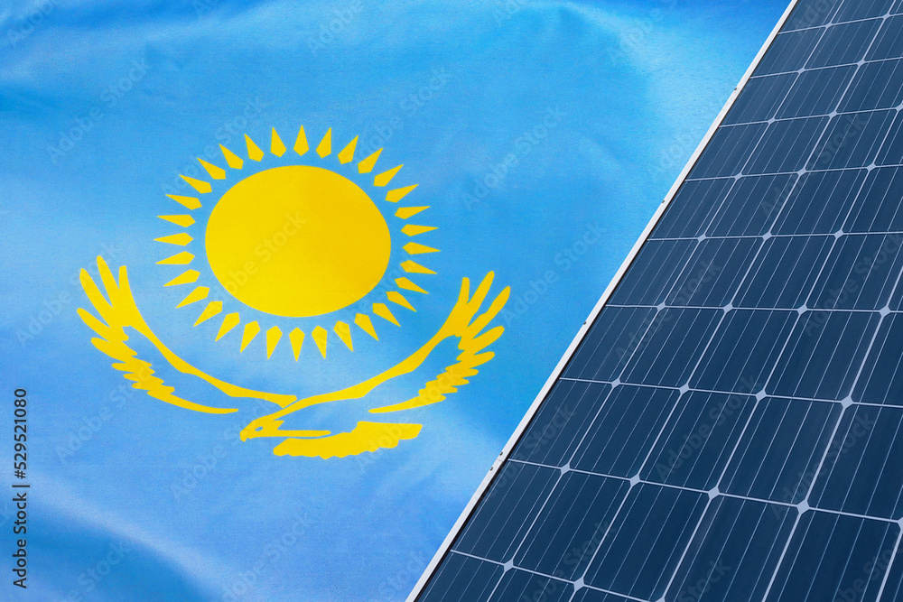 Solar Panels Against Flag Kazakhstan Background. Solar Battery ...