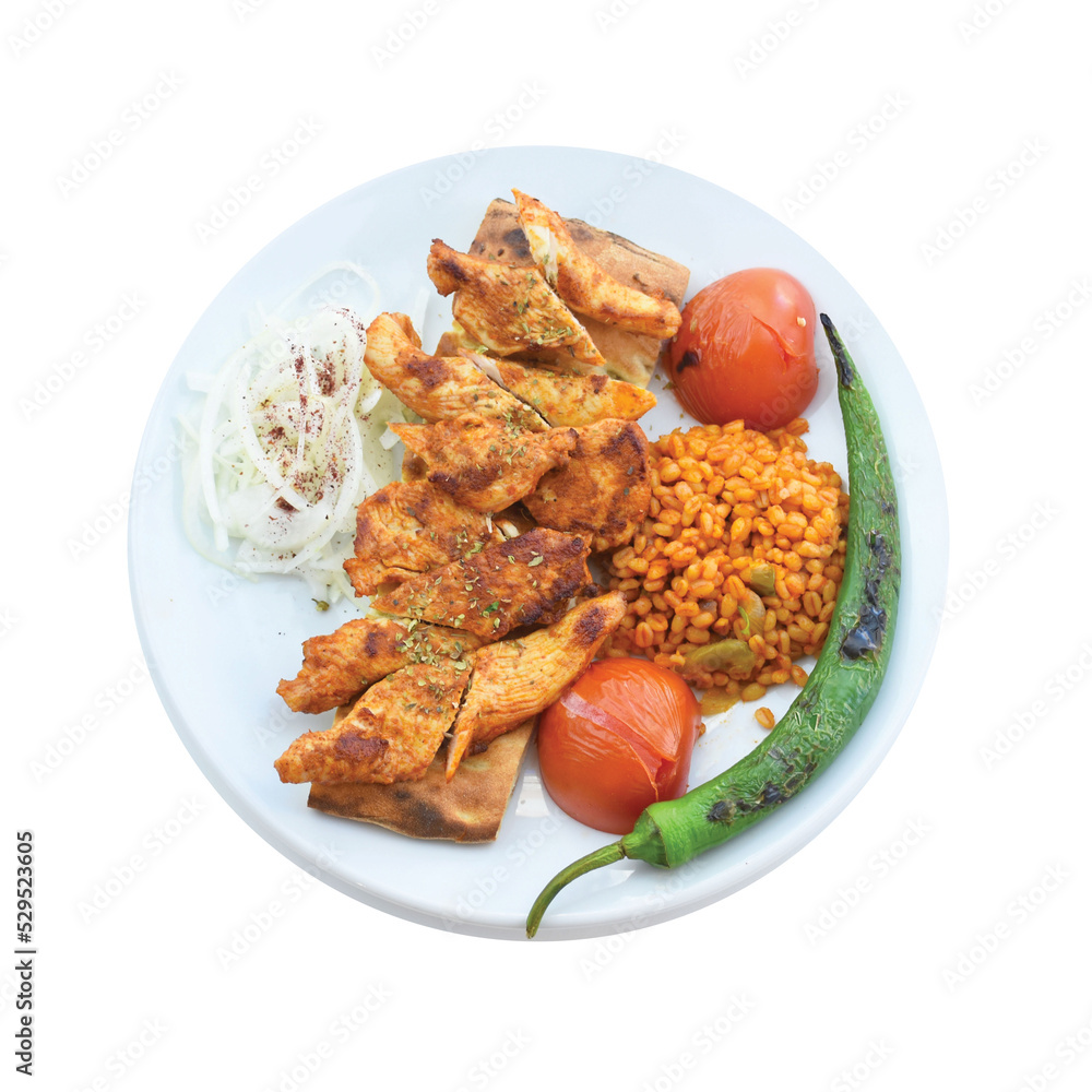 top view of Grilled chicken plate with roasted peppers, bulgur pilaf with tomatoes, roasted tomatoes top view of Grilled chicken plate with roasted peppers, bulgur pilaf with tomatoes, roasted tomatoes