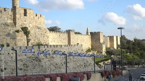 Israel flag above the old city of Jerusalem Israel photo