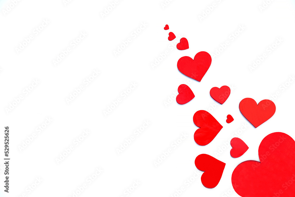 Group of red hearts (big, small) on white background. Valentines Day, Mothers Day, International Women's Day, anniversary, love concept. Flat lay.