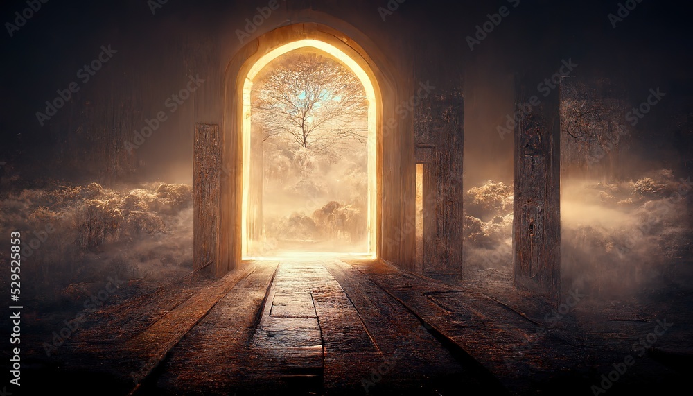 A stone road leads to a portal to another dimension. 3D illustration - obrazy, fototapety, plakaty 