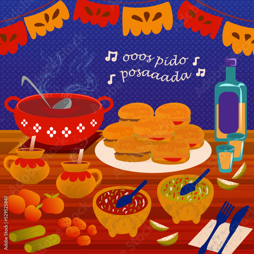 Tableau sur toile Ilustración mesa con comida de posada navideña en México y canticos de peregrinos pidiendo posada