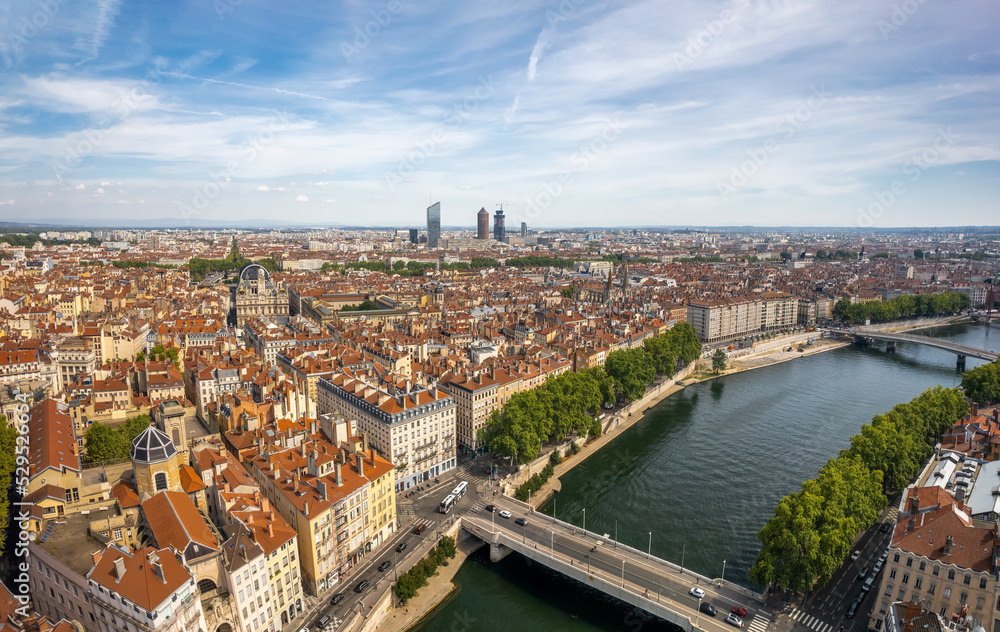 The drone aerial panoramic view of Lyon city and La Part-Dieu Central Business District. It is the Central Business District (CBD) and beating heart of Lyon Metropolis.