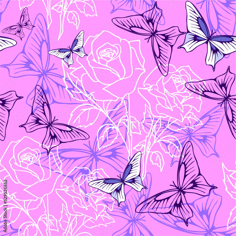 seamless pattern of white graphic roses and purple butterflies on a pink background, text, design seamless pattern of white graphic roses and purple butterflies on a pink background, text, design
