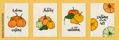 hand drawn pumpkin in cartoon style with text hello autumn. Cute autumn poster. design for greeting card and invitation of seasonal fall holidays, halloween, thsanksgiving, harvest
