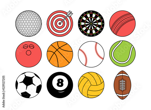 Sports balls equipment set. line style Flat cartoon sports balls vector big set isolated on white background