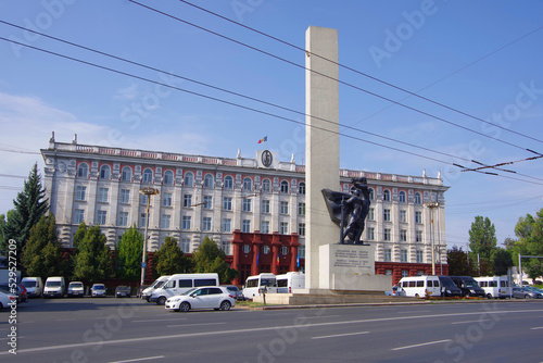 Kishinev. Moldova. 08.07. 2022. View of the city street and the monument to the Soviet defenders of the motherland near the hotel.