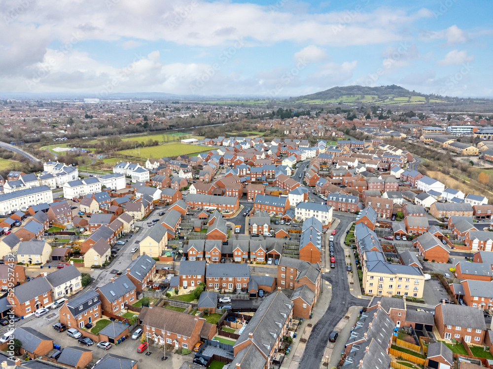 An aerial drone view of houses in Gloucestershire, England