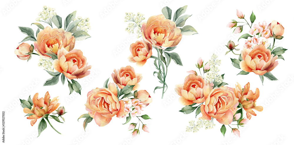 Watercolor flowers bouquet clipart. Peach peony arrangement. Floral illustration set isolated jn white background. Perfect for card design, wedding invitation, fabric, home decoration 