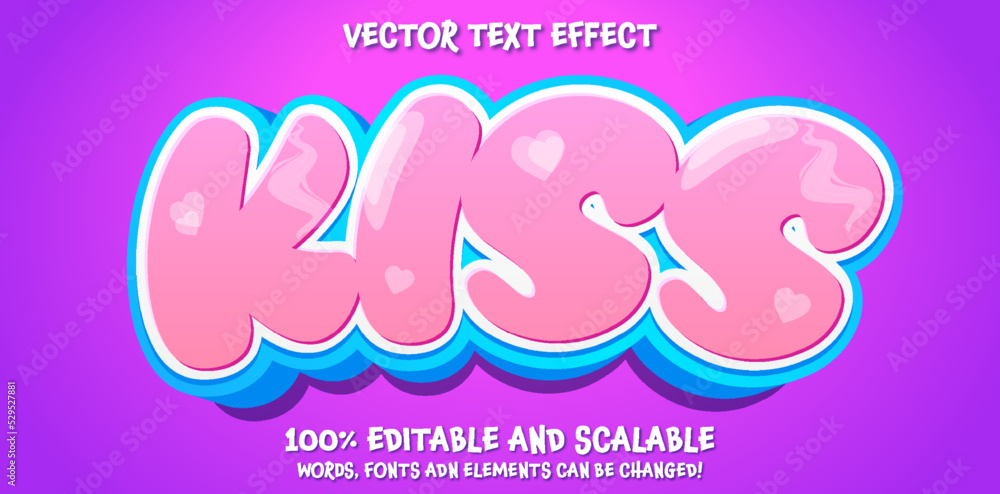 Kiss 3d editable vector text effect, pink typography template ready for use to design banners posters social media posts 
