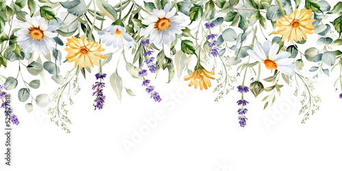 Watercolor wild flower seamless border. Repeating pattern. Daisy, calendula, lavender, eucalyptus branches and leaves garland. Summer floral frame for greeting cards and invitations