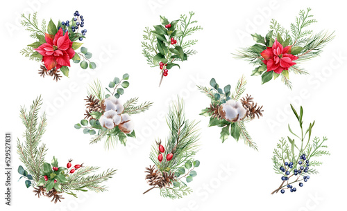Watercolor floral Christmas set. Hand drawn winter bouquets isolated on white background. Poinsettia flower, eucalyptus leaves, fir branches, holly berry, cotton balls, rosehip, cone