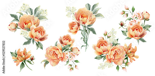 Watercolor flowers bouquet clipart. Peach peony arrangement. Floral illustration set isolated jn white background. Perfect for card design, wedding invitation, fabric, home decoration  photo