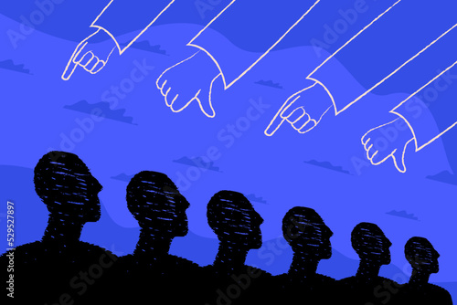 Bullying gestures are directed at the stylized crowd of people. The concept of the canceling of the Russian nation, collective guilt, the stigma of the people for the crime of goverment, ban.