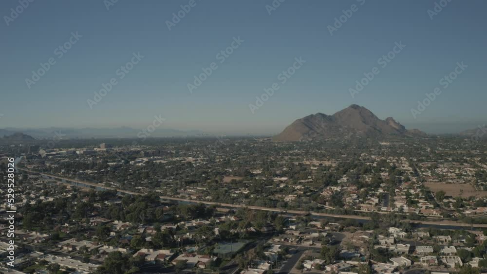 Aerial Drone View of Scottsdale, Tempe and Camelback East Village in Arizona during sunset in desert winter time showing cars Aerial Drone View of Scottsdale, Tempe and Camelback East Village in Arizona during sunset in desert winter time showing cars