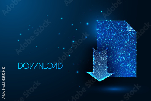Document download concept with paper document and arrow symbols in futuristic glowing style on blue