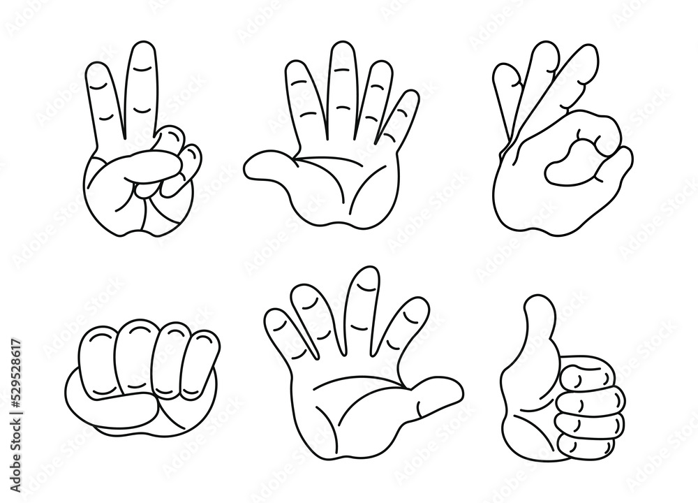 Obraz premium Set icons of human hand gestures. Peace sign, sign ok, fist, palm, sign hello.