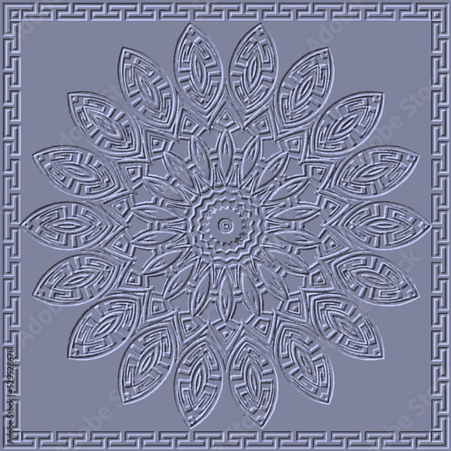 Fototapeta Naklejka Na Ścianę i Meble -  Textured floral 3d seamless pattern with square frame. Greek emboss ornaments. Decorative beautiful patterns. Vector surface embossed background. Ethnic relief backdrop. Greek key, meanders, flowers