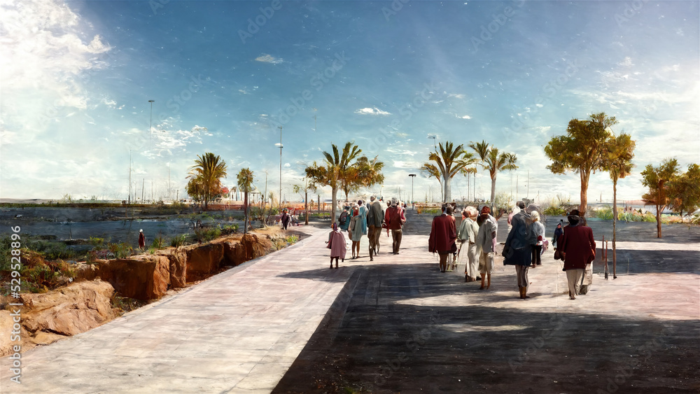 Crowd of seniors people enjoy stroll outside, walking along seafront promenade. Generative AI
