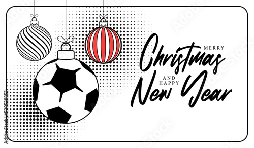 football christmas greeting card in trendy line style. Merry Christmas and Happy New Year outline cartoon Sports banner. soccer ball as a xmas ball on white background. Vector illustration.