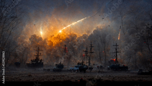 Abstract background of war, launched rockets and smoke clouds view