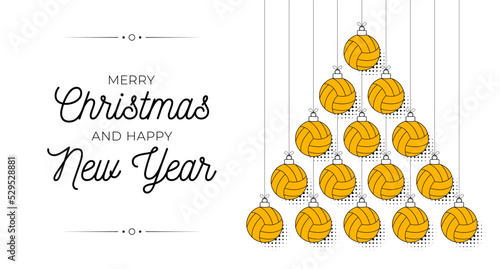 volleyball Christmas and new year bauble tree greeting card. Creative Xmas tree made by volleyball ball. Christmas and new year outline flat Vector Sport greeting card banner. Trendy vector style