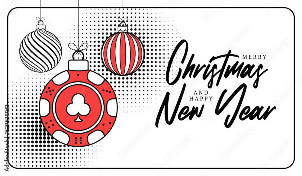 Poker christmas greeting card in trendy line style. Merry Christmas and Happy New Year outline cartoon Sports banner. casino chip as a xmas ball on white background. Vector illustration.