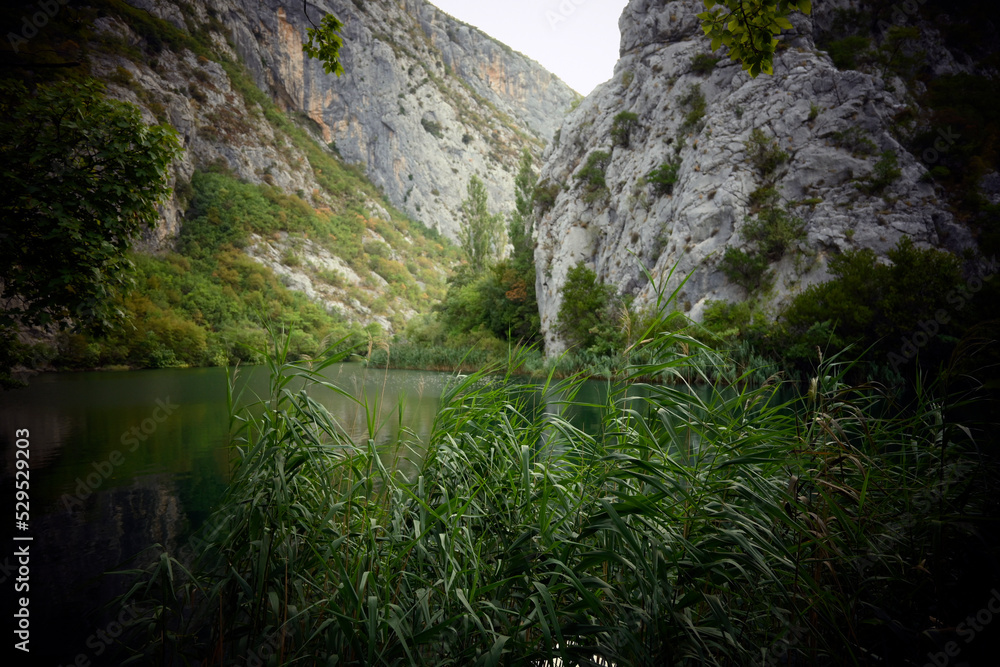 Beautiful rocky cliffs and mountain peaks, covered with dense forest near the town of Omis, Croatia in the Cetina river canyon