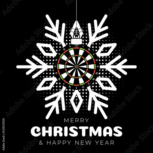 dart christmas greeting card. Merry Christmas and Happy New Year outline style flat cartoon Sports banner. ball as a xmas ball on black background. Vector illustration.
