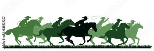 Print op canvas Cowboys ride horses on grass