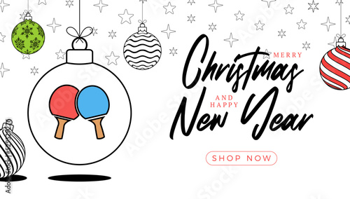 ping pong christmas greeting card in trendy line style. Merry Christmas and Happy New Year outline cartoon Sports banner. ping pong ball as a xmas ball on white background. Vector illustration.