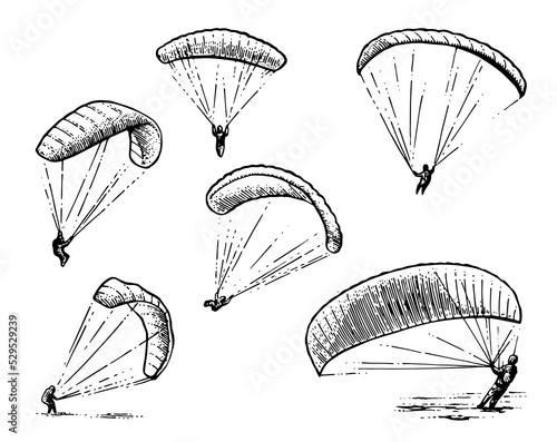 Set of Parachute paraglider. Air extreme sport. Controlled high altitude flight. Hand drawn outline sketch. Isolated on white background. Vector.