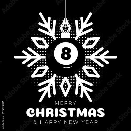 billiard christmas greeting card. Merry Christmas and Happy New Year outline style flat cartoon Sports banner. billiard ball as a xmas ball on black background. Vector illustration.