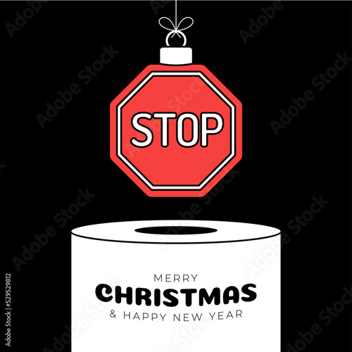 stop Christmas bauble pedestal. Merry Christmas sport greeting card. Hang on a thread ball as a xmas stop sign on white podium on black background. Sport Trendy Vector illustration.