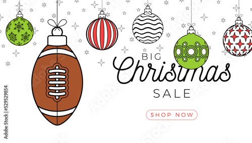 football, rugby christmas greeting card in trendy line style. Merry Christmas and Happy New Year outline cartoon Sports banner. ball as a xmas ball on white background. Vector illustration.