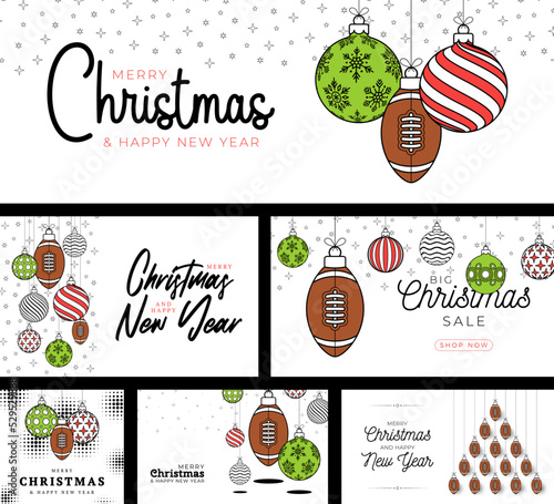 football, rugby sport christmas card set in trendy line style. Merry Christmas sport flat greeting card. Hang on a thread ball as a xmas ball. Sport Vector illustration collection.