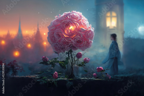 Fotografie, Obraz Bouquet of pink roses on a stone base against the backdrop of a night fantasy landscape