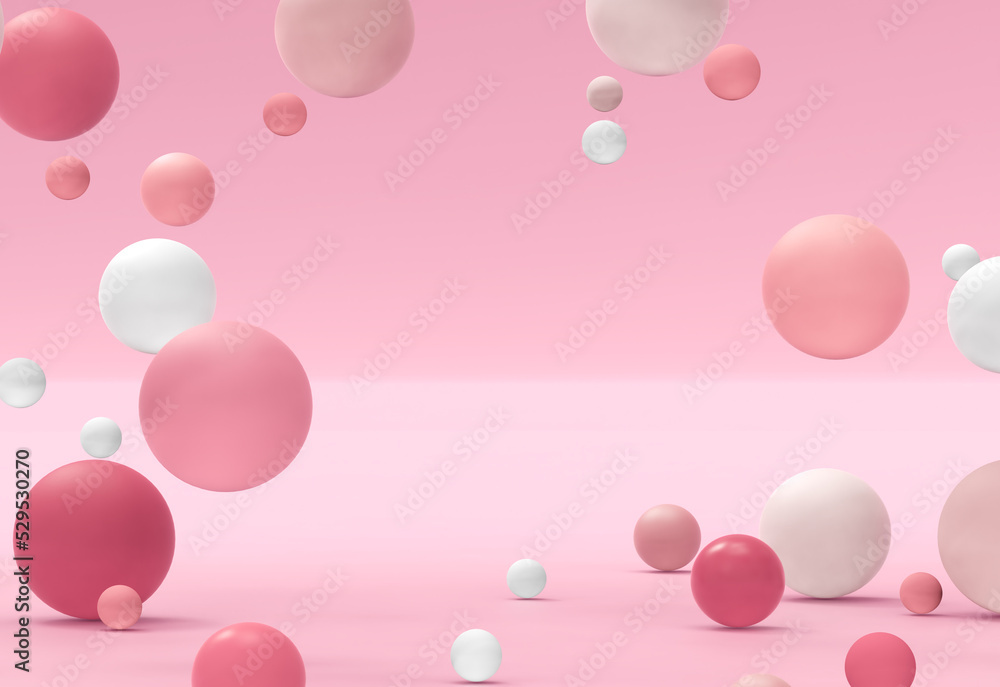 3d rendering of different spheres. Abstract minimalistic backdrop for cosmetics and beauty products presentation. Flying particles. Futuristic background. Design for poster, banner with space for text 3d rendering of different spheres. Abstract minimalistic backdrop for cosmetics and beauty products presentation. Flying particles. Futuristic background. Design for poster, banner with space for text