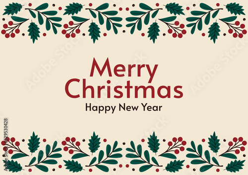 Merry Christmas banner. Christmas holly berry leaves isolated. Cute holly isolated on white background. Vector illustration. Template.
