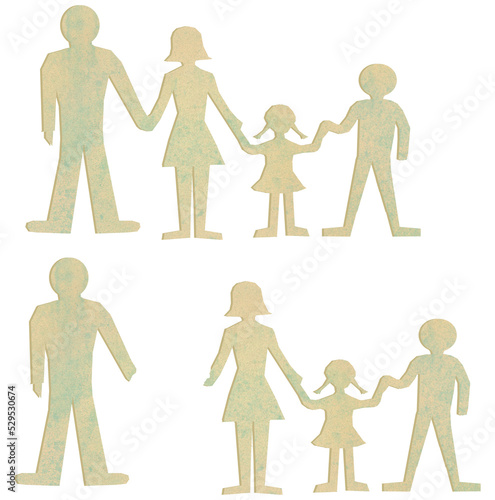 A paper doll family with mom, dad, daughter and son are seen isolated on a white background in a 3-d illustration. On the bottom dad is alone illustrating a divorce. photo