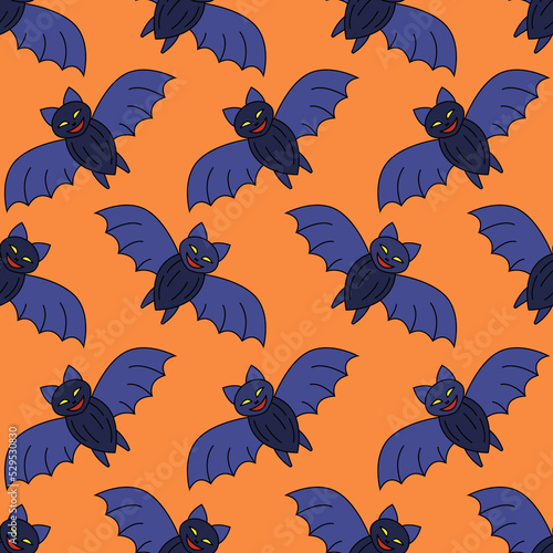 Vector cartoon bats on orange background. Halloween cute seamless pattern with character