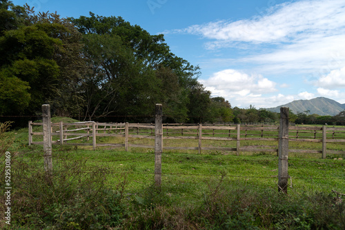 Wooden fence in Colombian agricultural field. 