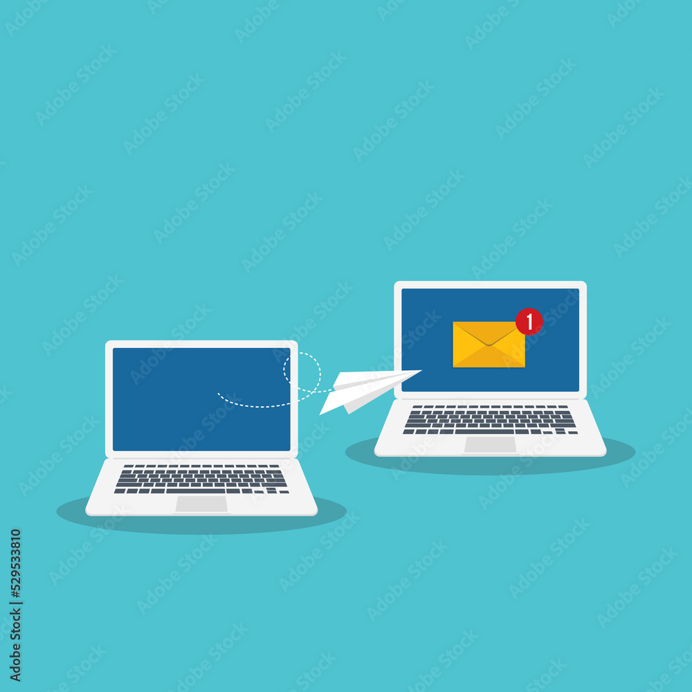 New incoming email message. One device sending paper airplane message to another. New incoming email message. One device sending paper airplane message to another.