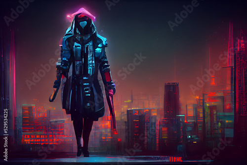 cyberpunk assasin figure in night cyberpunk style neon illuminated city environment, neural network generated art. Digitally generated image. Not based on any actual scene or pattern. photo