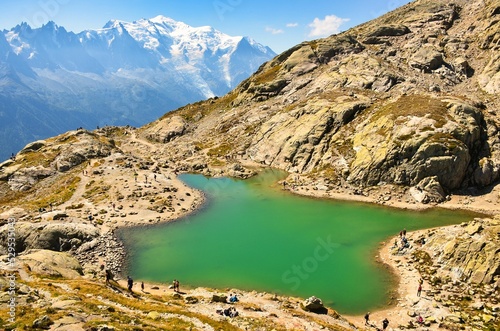 beautiful view from lac blanc to the mont blanc massif in the french alps.Destination for hiking. Aiguilles von Chamonix. High quality photo